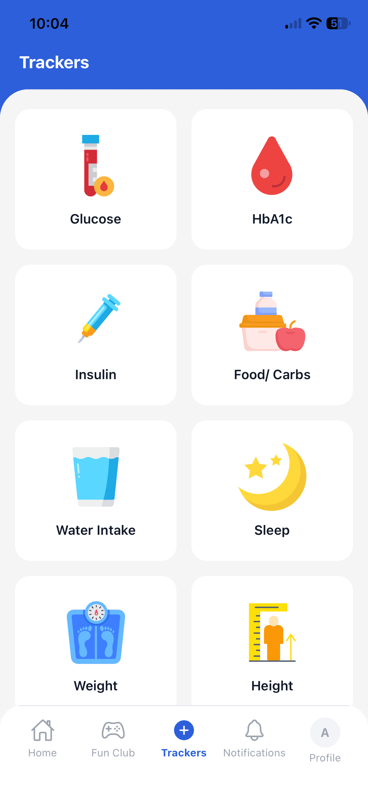 Diabetes Coach tracker list with eight health metrics