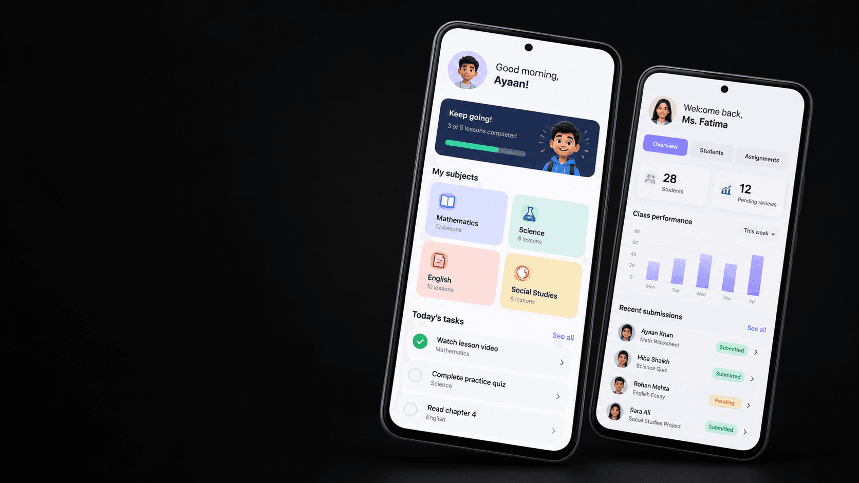 GrowOn student and teacher apps side by side