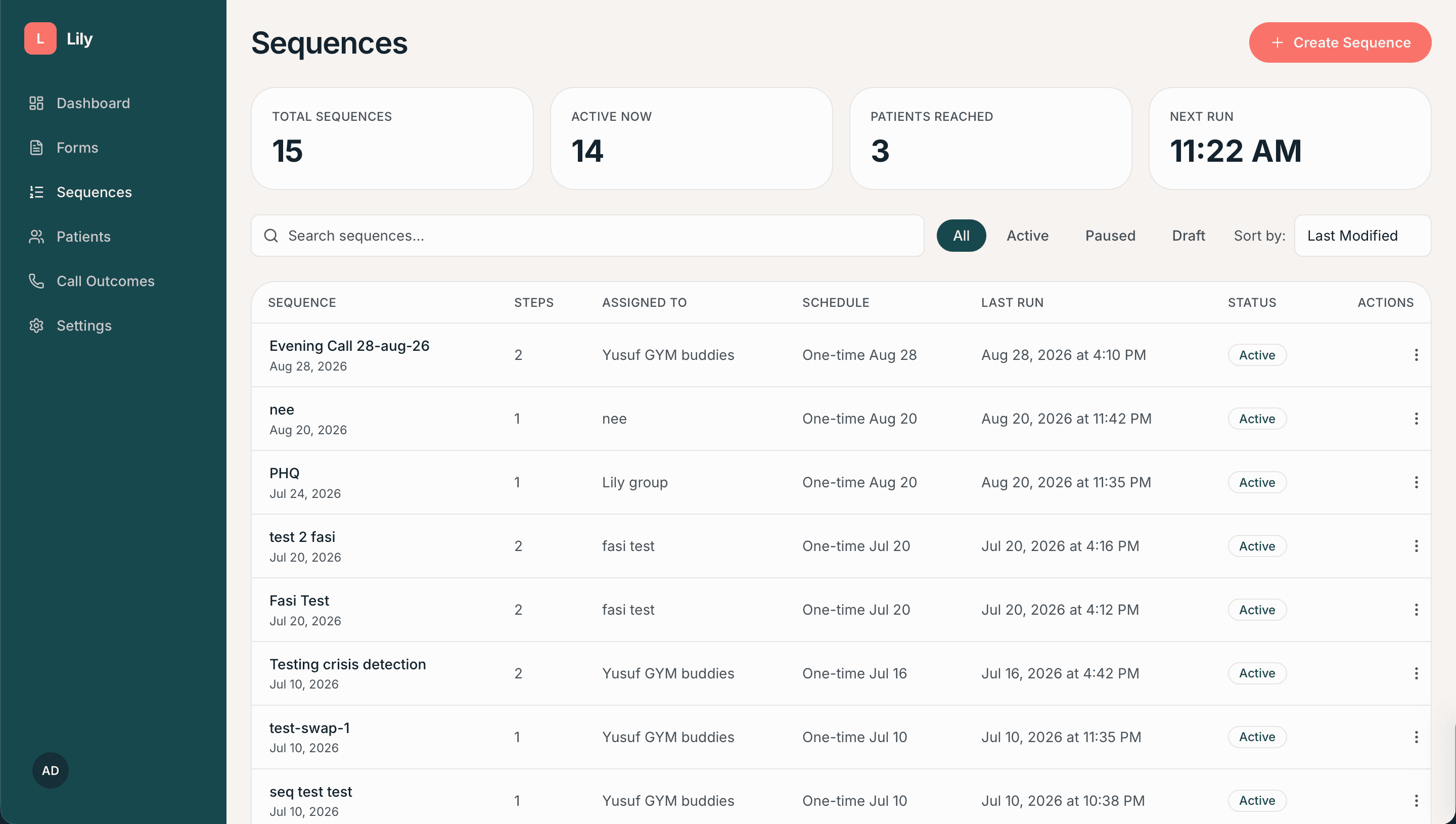 Lily sequences list with schedules and status