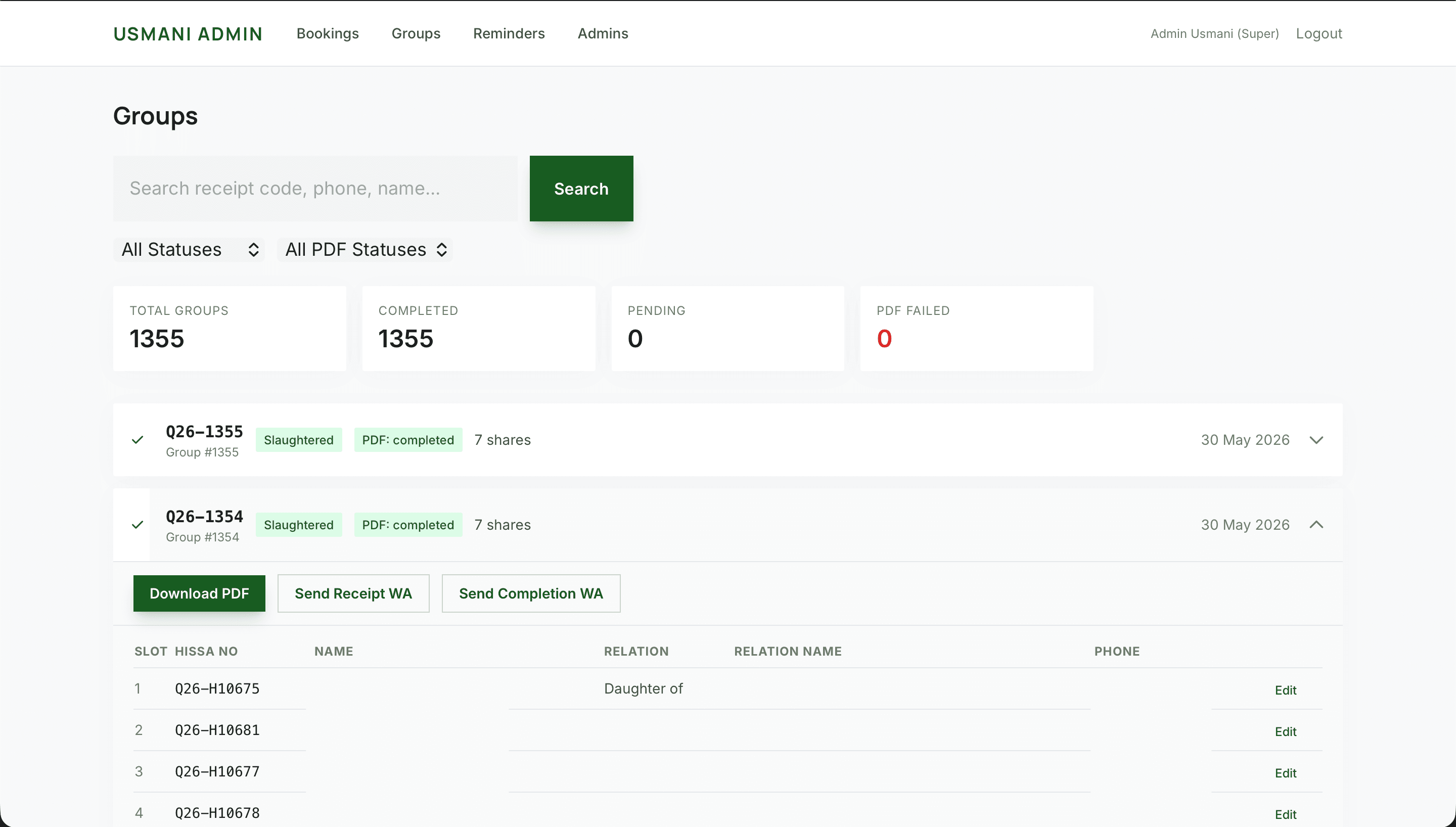 Usmani admin groups view with completed receipts